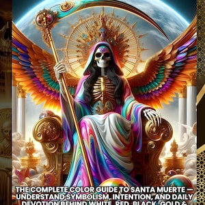 Puede incluir: Una representación artística de Santa Muerte, una figura esquelética, sentada en un trono dorado. La figura lleva una túnica colorida y sostiene una guadaña. La imagen incluye el texto "SANTA MUERTE COLORS" y "THE COMPLETE COLOR GUIDE TO SANTA MUERTE".