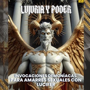 May include: Digital artwork featuring a statue of a horned, winged figure with a white beard and golden accents. The text "LUJURIA Y PODER" is at the top, and "INVOCACIONES DEMONÍACAS PARA AMARRES SEXUALES CON LUCIFER" is at the bottom.