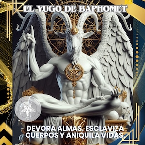 Puede incluir: Ilustración digital de una estatua blanca de Baphomet, una deidad con cabeza de cabra, con alas y un colgante de pentagrama. Incluye texto en español: "EL YUGO DE BAPHOMET" y "DEVORA ALMAS, ESCLAVIZA CUERPOS Y ANIQUILA VIDAS."
