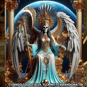 May include: An artistic depiction of Santa Muerte Azteca, a skeletal figure adorned in gold and turquoise robes, seated on a throne. The image includes the text "SANTA MUERTE AZTECA" and a quote in Spanish about justice, protection, and ancestral faith.