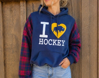 Sudadera con capucha reciclada de Buffalo Hockey / Sudadera de manga de franela a cuadros rojos / Ropa para el día del partido