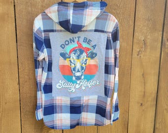 Sudadera con capucha de franela reciclada / Divertido estampado de vaca, prenda llamativa de estilo western