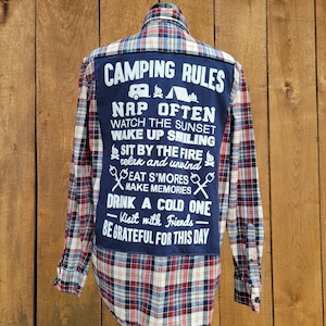 Upcycled Camping Flannel Shirt – “Camping Rules” Graphic Back, Rustic Plaid Button Down