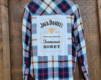 Camisa de franela a cuadros de miel Jack Daniel's reciclada / Estilo western reinventado