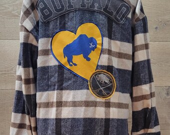 Chaqueta de hockey de cuadros de búfalo reciclada / Chaqueta de franela extragrande con retazos, talla grande para mujer