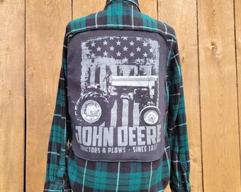 Camisa de franela John Deere reciclada / Top estilo western a cuadros verdes rediseñado