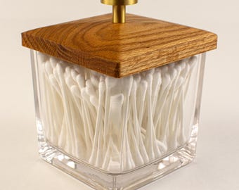 Frasco para hisopos de algodón con tapa de madera / Almacenamiento de baño de vidrio soplado a mano