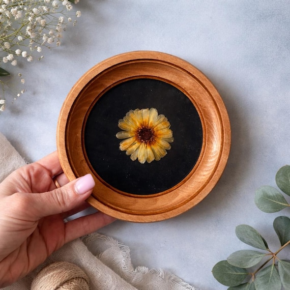Herbarium in a 4x4-inch round wooden frame, pressed yellow flower, botanical decor, dried flowers, cottagecore