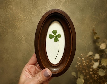 Four-leaf clover in an oval frame, lucky charm, dried clover, handmade botanical decor