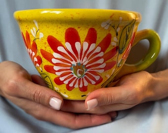 Ceramic Floral Yellow Large Mug, Handmade Mug, 17oz, Christmas Gift.
