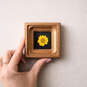 May include: A small, square wooden frame with a layered design, holding a pressed yellow flower against a black background. The frame is held by a hand, showcasing the natural wood grain and the flower's intricate details. The piece is a unique decorative item.