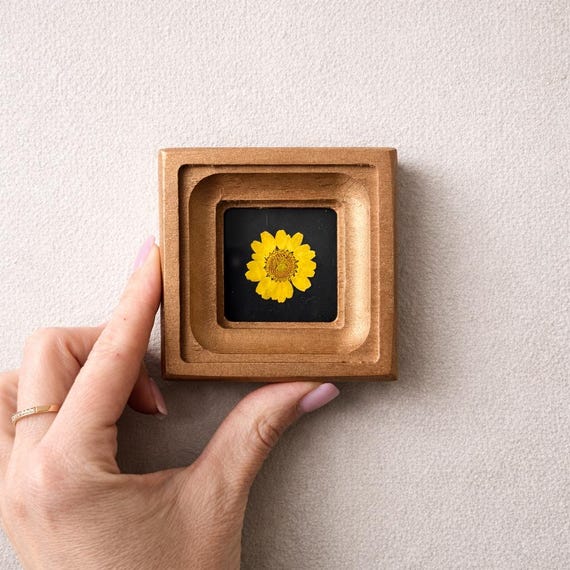 Mini Pressed Flower Frame, Gold Plated Botanical Decor, Tiny Wall Art (2x2 Inch)