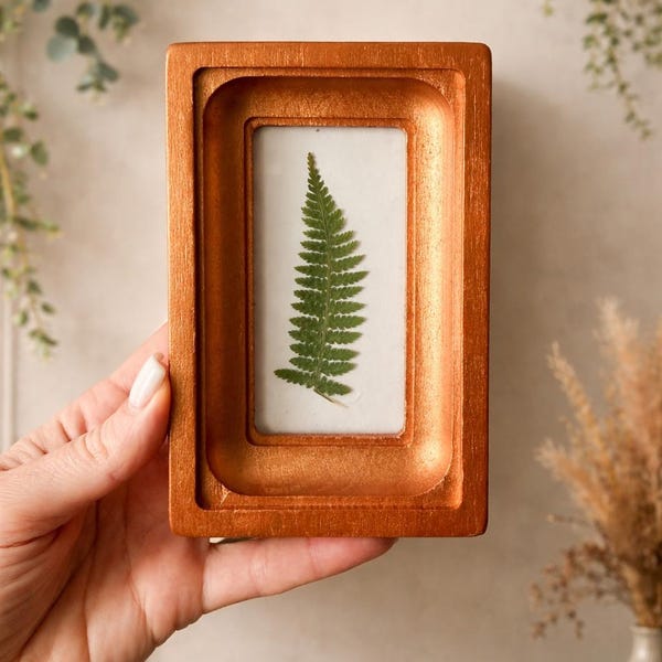 Pressed Fern Wall Art in a with bronze plating Wooden Frame, Mini Herbarium, Botanical Panel
