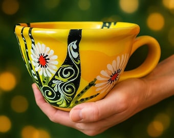 Handmade 17 oz Ceramic Mug – Hand Painted Floral Cup, Large Mug, Gift for Her