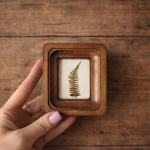 Mini Pressfarn Rahmen Walnussfarbe, 5,5 x 6,5 cm botanische Wandkunst, kleines Cottagecore Dekor