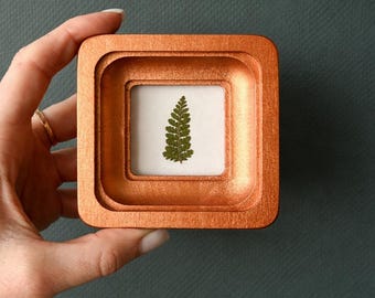 Pressed Fern in a Wooden Frame - Mini Botanical Wall Art, Square Decorative Frame, Cottagecore Decor