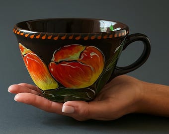Brown Ceramic Mug Large with Tulips, Handmade Mug, 17oz, Christmas Gift