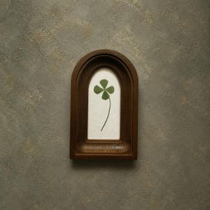 May include: A dark brown wooden frame with an arched top opening containing a single pressed green four-leaf clover centered on a cream-colored background. The frame features a deep, recessed design with visible wood grain and smooth edges.
