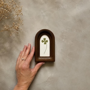 May include: A dark brown wooden arch-shaped frame containing a white background with a single green four-leaf clover illustration centered inside. The frame has a smooth, rounded top edge and a flat base, presenting a clean and simple display.
