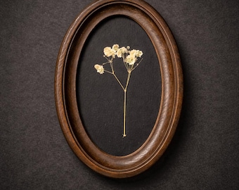 Muurkunst geperste bloem, botanisch schilderij: ovale houten lijst, echt bloemstuk