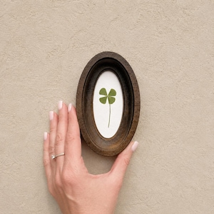May include: Oval wooden frame with a four-leaf clover pressed on white paper. The frame is held by a hand with a ring. The clover is green, and the frame is a dark brown color. The background is a light beige color.