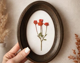 Pressed Red Flowers in a 3x5-Inch Oval Frame - Handcrafted Wall Decor