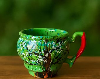 Taza de cerámica floral verde primaveral, hecha a mano, 226 g, regalo de Navidad