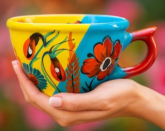 Large Blue and Yellow Ceramic Mug with Flowers, Handmade, 17 oz, Christmas Gift
