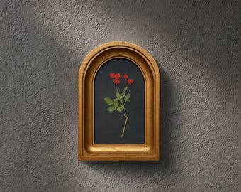 Gebogen geperste rooslijst - gouden houten lijst, botanische kunst, wanddecoratie