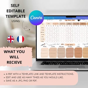 Op de afbeelding: Een laptop toont een zelfbewerkbare sjabloon met Canva. Het scherm toont een gewoontetracker met vakjes voor dagelijkse invoer en secties voor notities. De tekst op het scherm bevat "My Power Plant" en "Free Notes". De afbeelding bevat ook de tekst "What You Will Recieve".