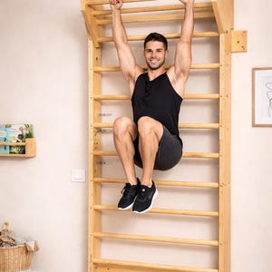 Solid Beech Stall Bar Swedish Ladder with Dip/Pull-Up Station for Home Gym