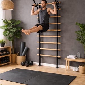 Wood Swedish Ladder | Home Gym Wall Bars with Pull-Up Dip Bar