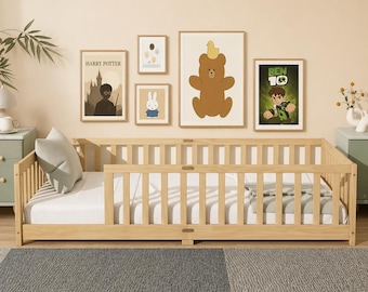 Twin Size Montessori Floor Bed with Fence, Wooden Floor Bed Frame with Safety Guardrails, Kids Toddler Bed, No Door Design, Rubber Wood