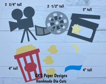 Handmade Paper Die Cut MOVIE NIGHT SET Popcorn Drink Clapper & Film Reel Scrapbook Page Embellishments for  Scrapbook or Paper Crafts