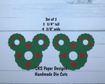 Handmade Paper Die Cut MICKEY WREATH HEADS Set of 2 Disney Christmas Paper Piecing Embellishments Cks Paper Designs