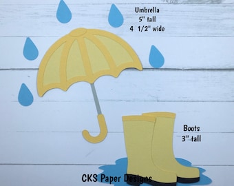 Handmade Paper Die Cut RAIN UMBRELLA & BOOTS Scrapbook Page Embellishment Cks Paper Designs