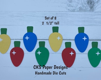 Handmade Paper Die Cut Set of 8 CHRISTMAS TREE BULBS Lights Paper Piecing Scrapbook Page Embellishments Cks Paper Designs