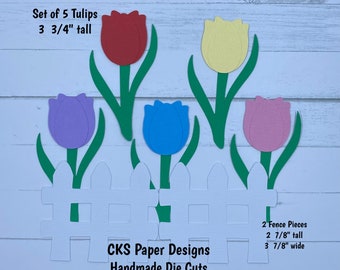 Handmade Paper Die Cut TULIPS Set of 5 Spring Flowers Paper Piecing Scrapbook Embellishments Cks Paper Designs