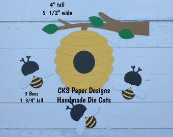 Handmade Paper Die Cut BEEHIVE and BEES Paper Piecing Scrapbook Page Embellishments Cks Paper Designs