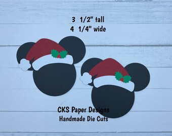 Handmade Paper Die Cut Mickey or Minnie SANTA HAT HEADS Set of 2 Disney Christmas Scrapbook Page Embellishments Cks Paper Designs
