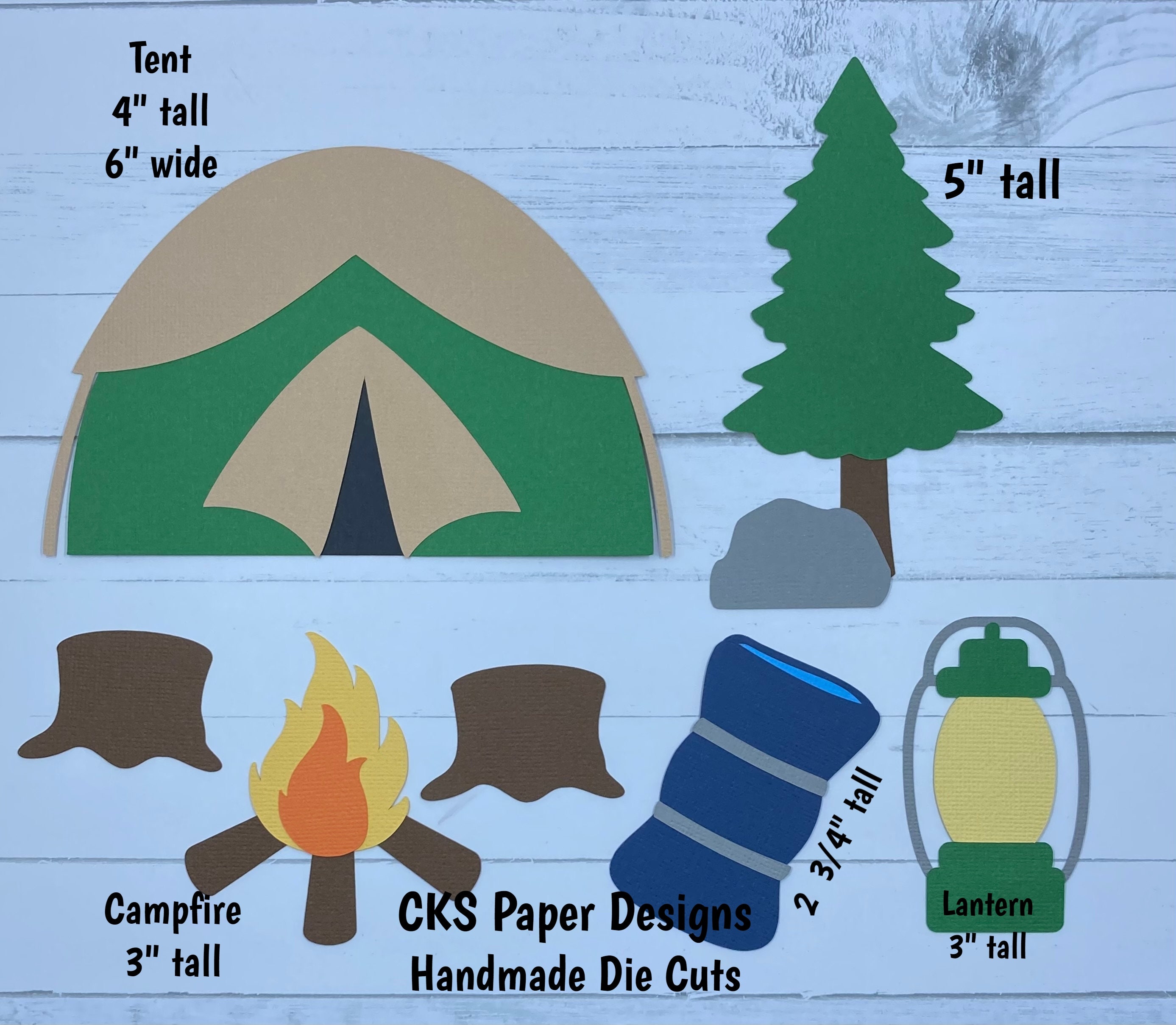 Handmade Paper Die Cut CAMPING SET Tent Lantern Campfire Paper