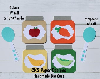 Handmade Paper Die Cut BABY FOOD JARS Fruit & Vegetable Spoons Scrapbook Page Embellishments Cks Paper Designs