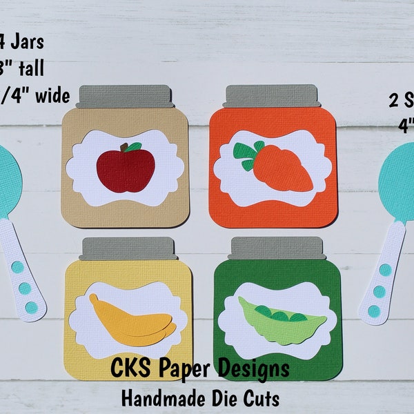 Handmade Paper Die Cut BABY FOOD JARS Fruit & Vegetable Spoons Scrapbook Page Embellishments for Scrapbook or Paper Crafts