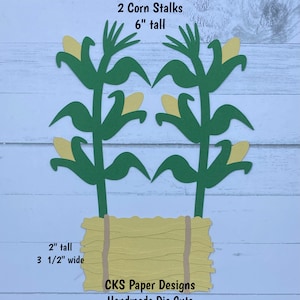May include: Two green paper corn stalks with yellow corn cobs, 6 inches tall, standing on a 2 inch tall, 3 1/2 inch wide, brown paper bale. The text "2 Corn Stalks 6" tall" is above the stalks and "2" tall 3 1/2" wide" is below the bale. The text "CKS Paper Designs Handmade Die Cuts" is below the bale.