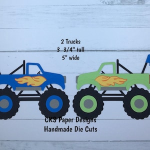 Handmade Paper Die Cut Set of 2 MONSTER TRUCKS Paper Piecing Scrapbook Embellishments Cks Paper Designs