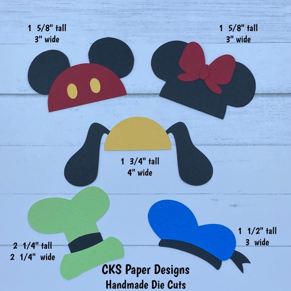 Handmade Paper Die Cut DISNEY HATS Set of 5 Mickey Minnie Donald Goofy Pluto Paper Piecing Embellishment for  Scrapbook or Paper Crafts