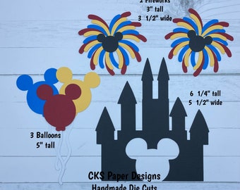 Handmade Paper Die Cut Disney Magic Kingdom CASTLE Mickey Fireworks Balloons Scrapbook Page Embellishments Cks Paper Designs