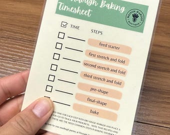May include: A white and beige sourdough baking timesheet with a checklist for each step, including "feed starter" and "bake." The Maison Margot Boutique logo is in the upper right corner.