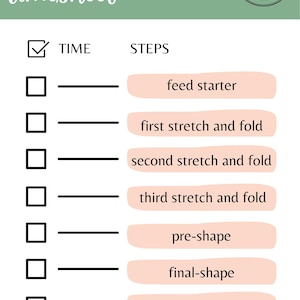 May include: A sourdough baking timesheet with a green header and a white background. The timesheet includes steps like "feed starter" and "bake." The Maison Margot Boutique logo is in the upper right corner.
