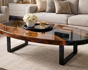 Black Epoxy River Coffee Table, Oval Wood Resin Table, Handmade Luxury Living Room Furniture